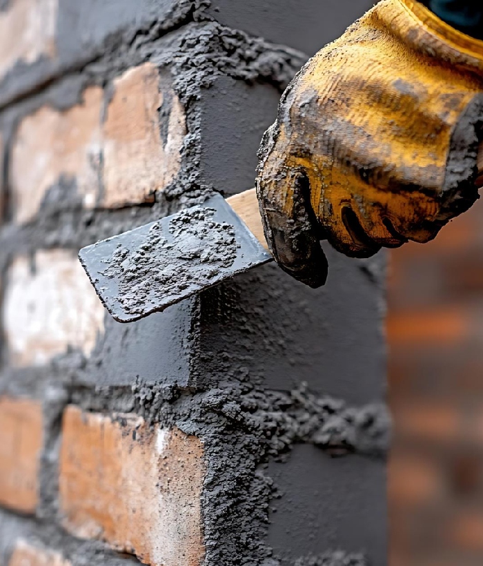 Maçon appliquant du mortier sur un mur en briques